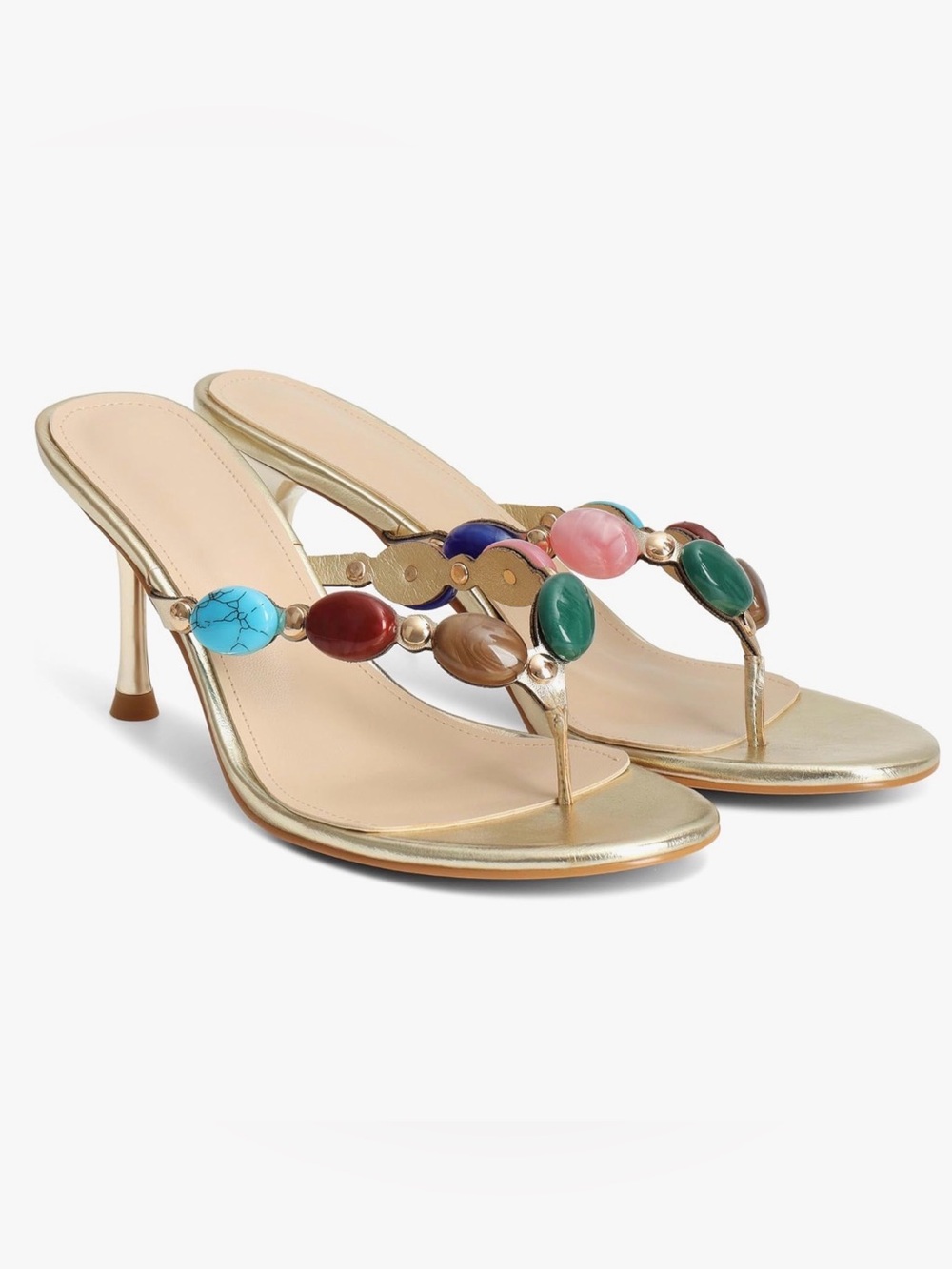 Gold Jeweled Thong Heels with Multicolor Stones